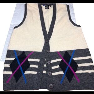 Vintage White Gray Blue Argyle Lambs Wool Angora Knit Sweater Button VEST, Large